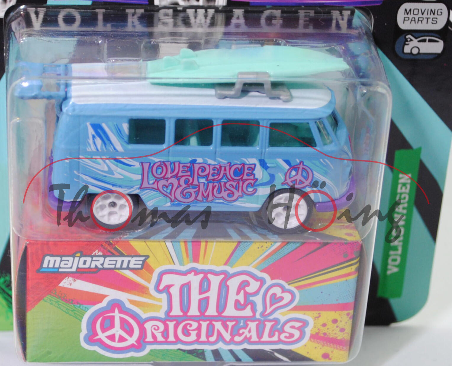 VW Transporter Kleinbus 1200 (Modell 1960-1963) (Nr. 243A) mit Dachgepäckträger und Surfbrett, blau, LOVE PEACE / & MUSIC, majorette, 1:59, Blister (VOLKSWAGEN DELUXE CARS)