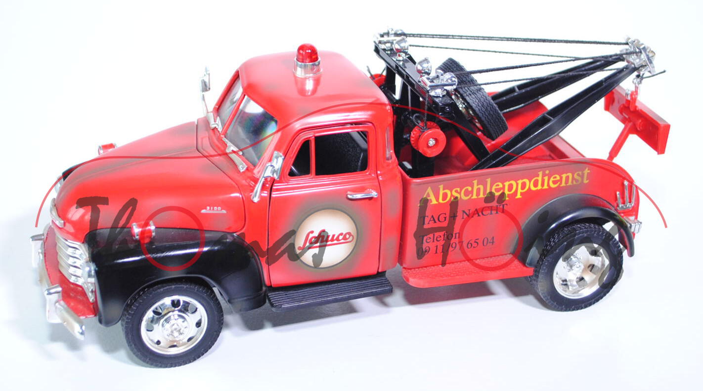 Chevrolet 3100 Abschleppwagen (Chevy Wrecker), Modell 1953, karminrot/schwarz, Schuco / Abschleppdie