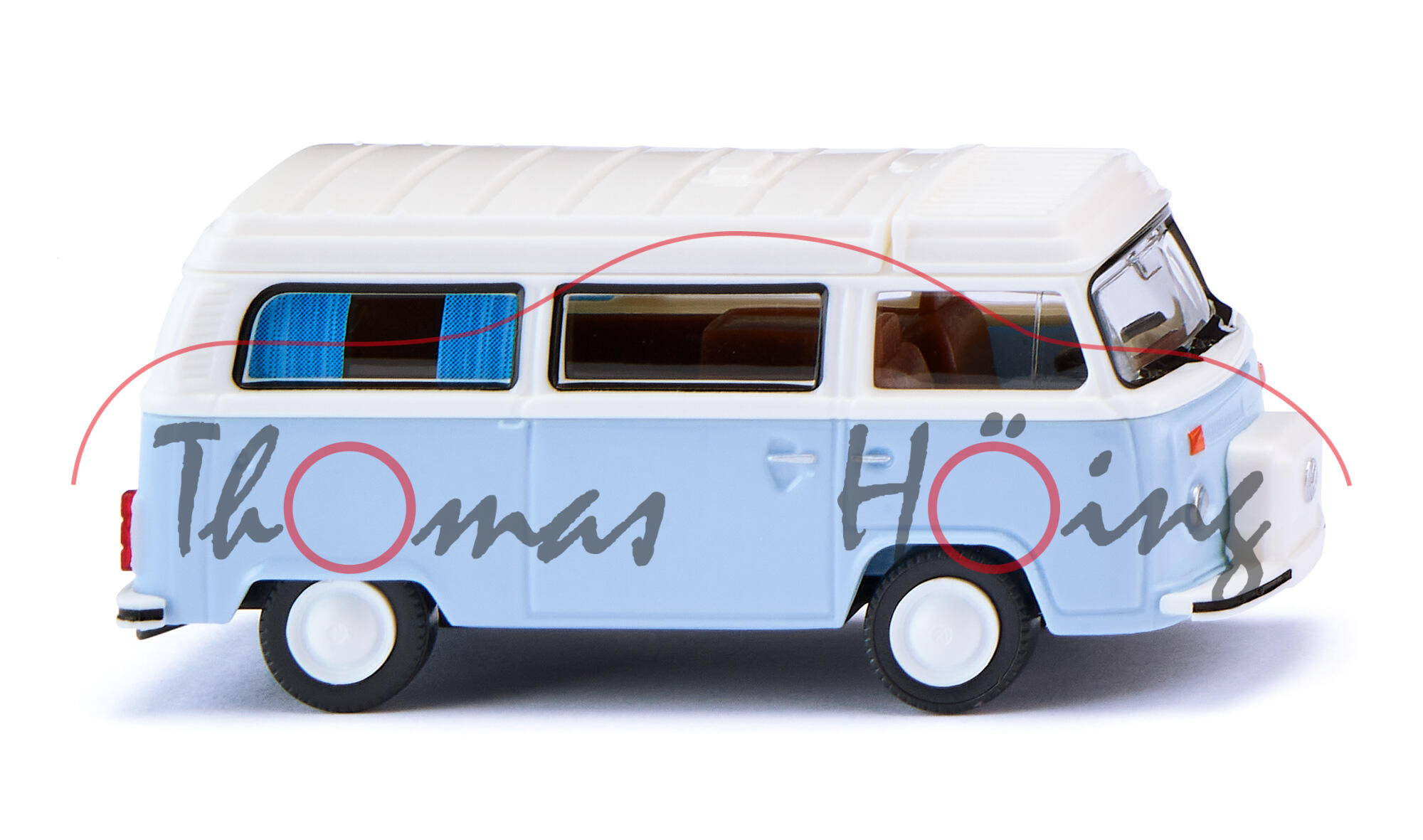 VW T2 Campingwagen (Typ 2 Transporter 2 bzw. T2b, Facelift 2 von 1972, Modell 1973-1979) mit geschlossenem Aufstelldach, weiß/weißblau, Wiking, 1:87, mb