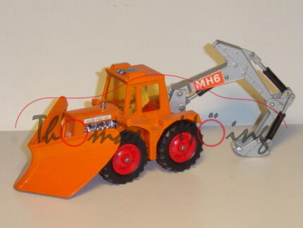 Muir-Hill 161 Tractor Digger & Plow, hellrotorange/silber, Aufkleber MH6 auf der Greifarm, Matchbox 