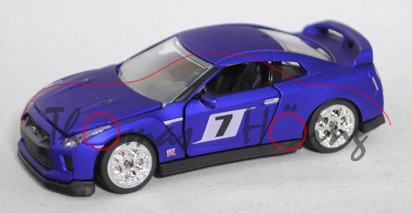 Nissan GT-R (Typ R35 NISMO MY17, Mod. 14-), blauviolett, Nr. 7, majorette, ca. 1:61, Blister mit Box