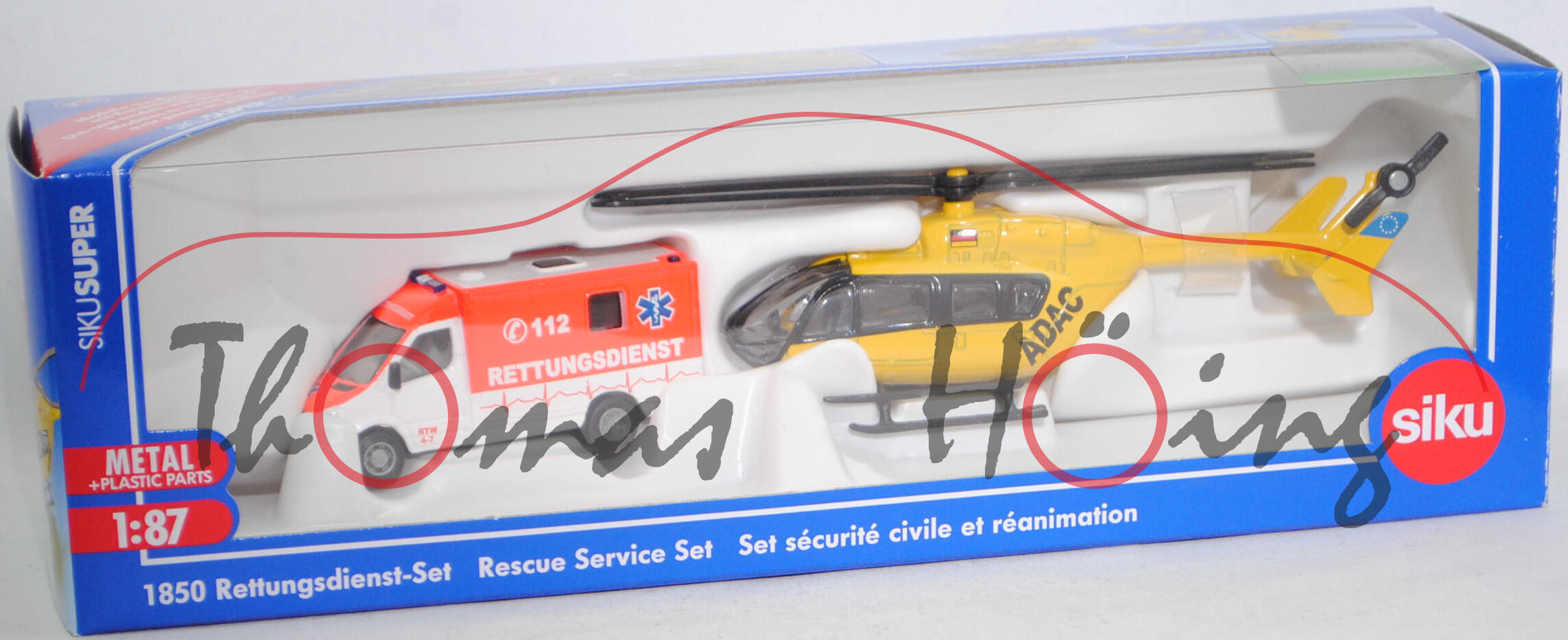 00004 Rettungsdienst-Set: RTW Mercedes-Benz Sprinter II und Eurocopter EC 145 Hubschrauber, RTW: reinweiß/leuchthellrot; Hubschrauber: verkehrsgelb, ADAC, SIKU, 1:87, L17mpK