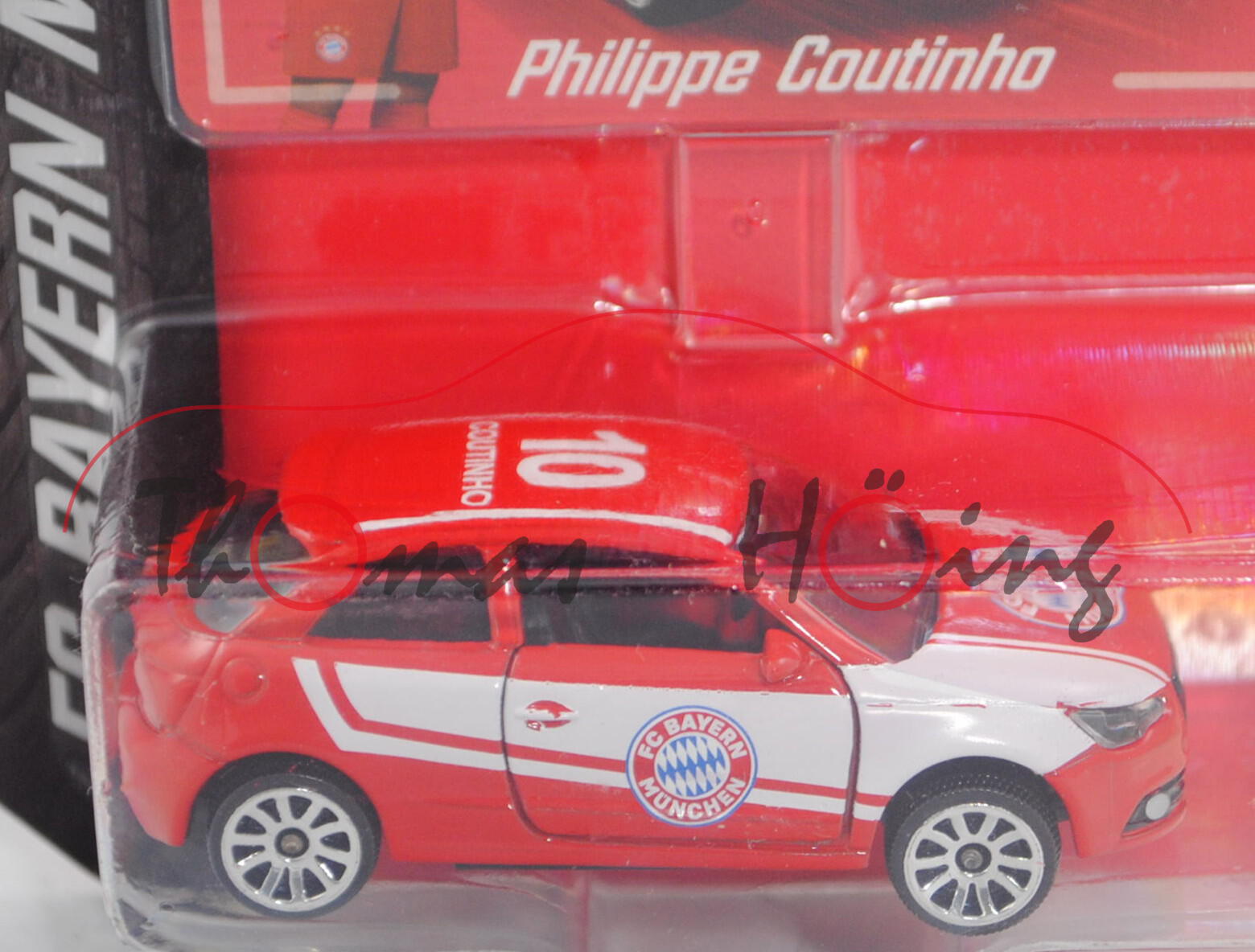 Audi A1 (Typ 8X, Modell 2010-2014), rot, Bayern München / 10 / COUTINHO, majorette, 1:64, Blister