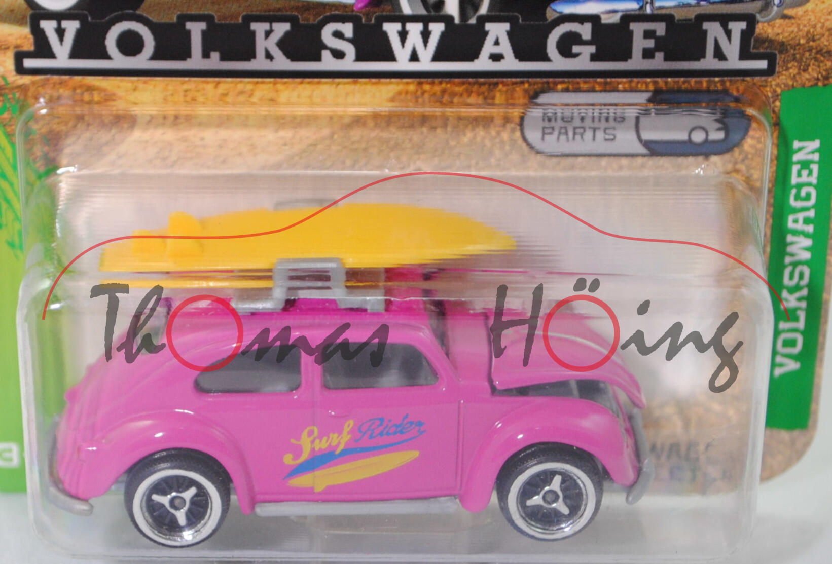 Volkswagen Käfer 1200 Export Limousine (Modell 1955-1957) mit Dachgepäckträger und Surfbrett, dunkel-erikaviolett, majorette, 1:64, Blister (VOLKSWAGEN PREMIUM CARS)