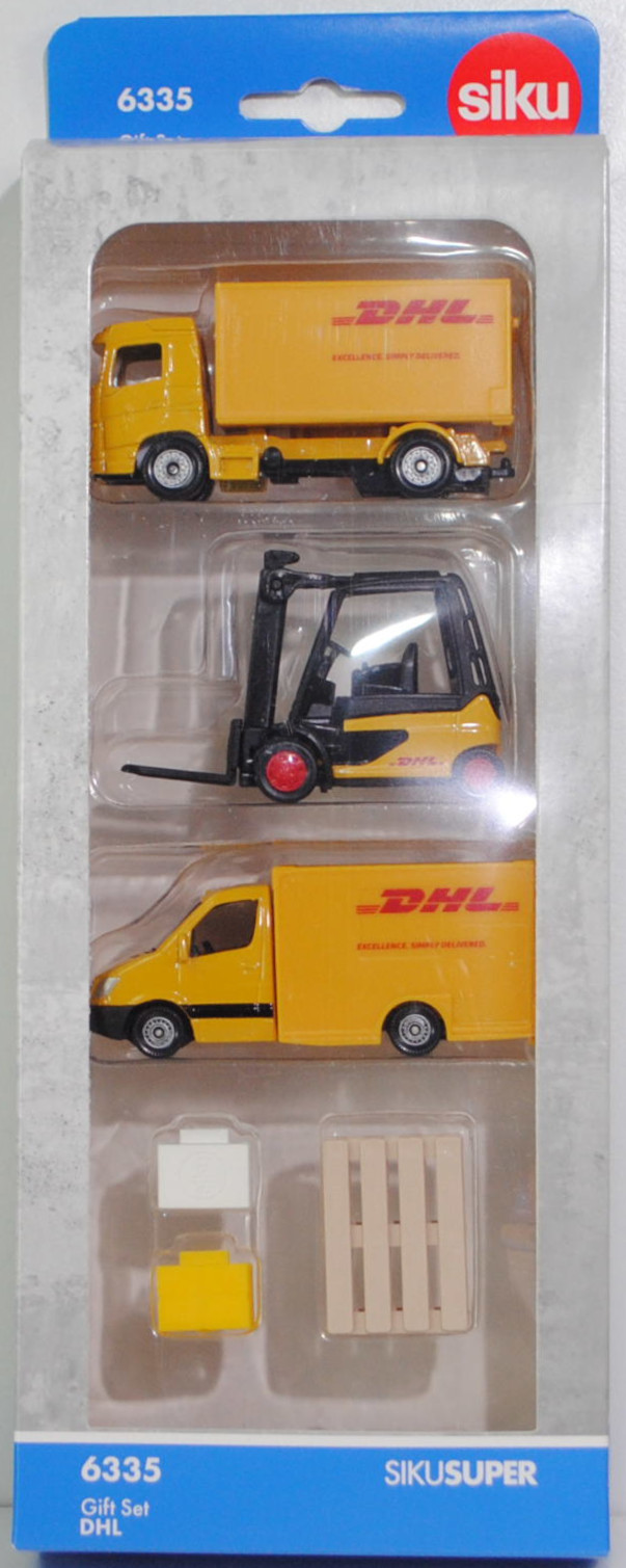 00001 DHL Logistik Set: Volvo FM + Linde Elektro-Gegengewichtsstapler E35/600H + Mercedes-Benz Sprinter II mit MIESEN Kofferaufbau, goldgelb, DHL, SIKU SUPER, P33R