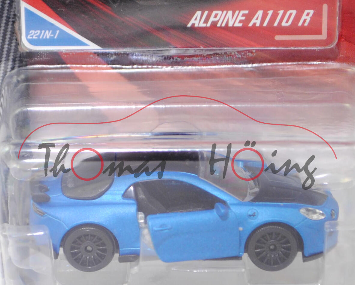 ALPINE A110 R (2. Generation, Baureihe A110, Typ AEF, Modell 2022-), blau matt, Nr. 221N-1, majorette, 1:58, Blister