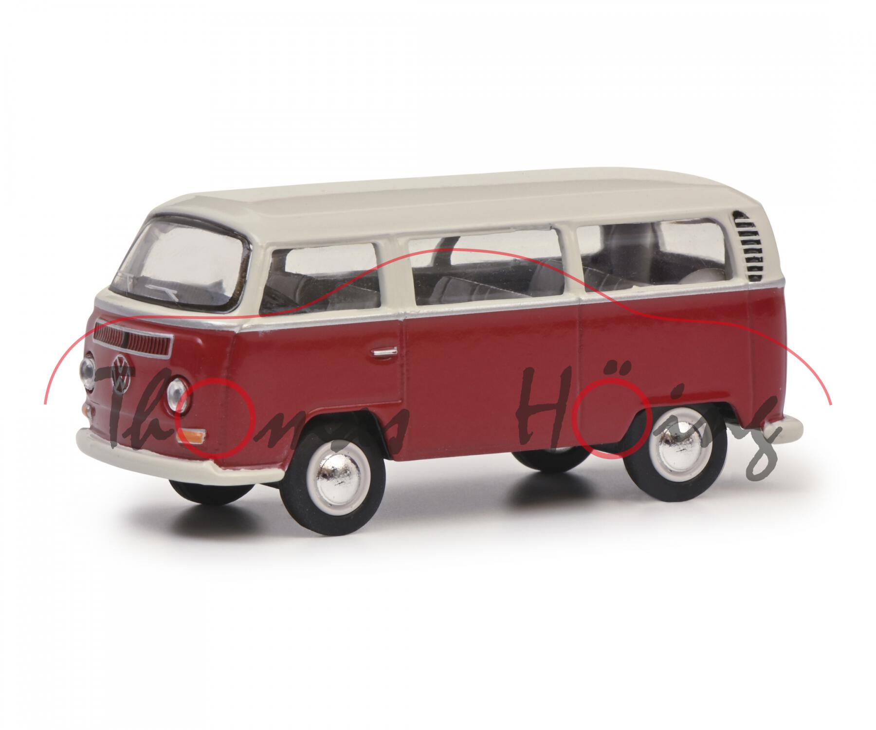 VW Transporter T2a Kleinbus (Typ 2 T2a, Mod. 1967-1971), cremeweiß/d.-tomatenrot, Schuco, 1:64, mb