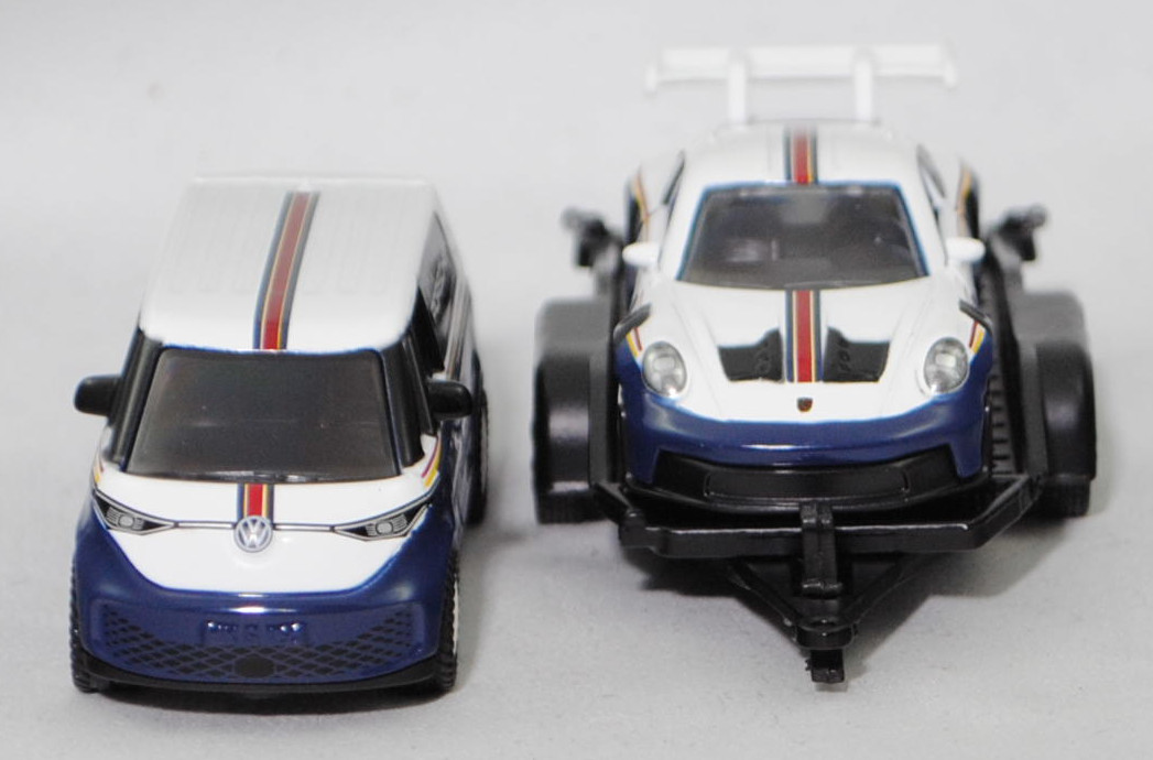 00000 VW ID. Buzz Cargo (Modell 2022-) mit BÖCKMANN Autotransporter und Porsche 911 GT3 RS (Modell 2022-2024), weiß/blau, Startnummer 7 / Racing / PORSCHE, SIKU SUPER 1:50, L17mpK