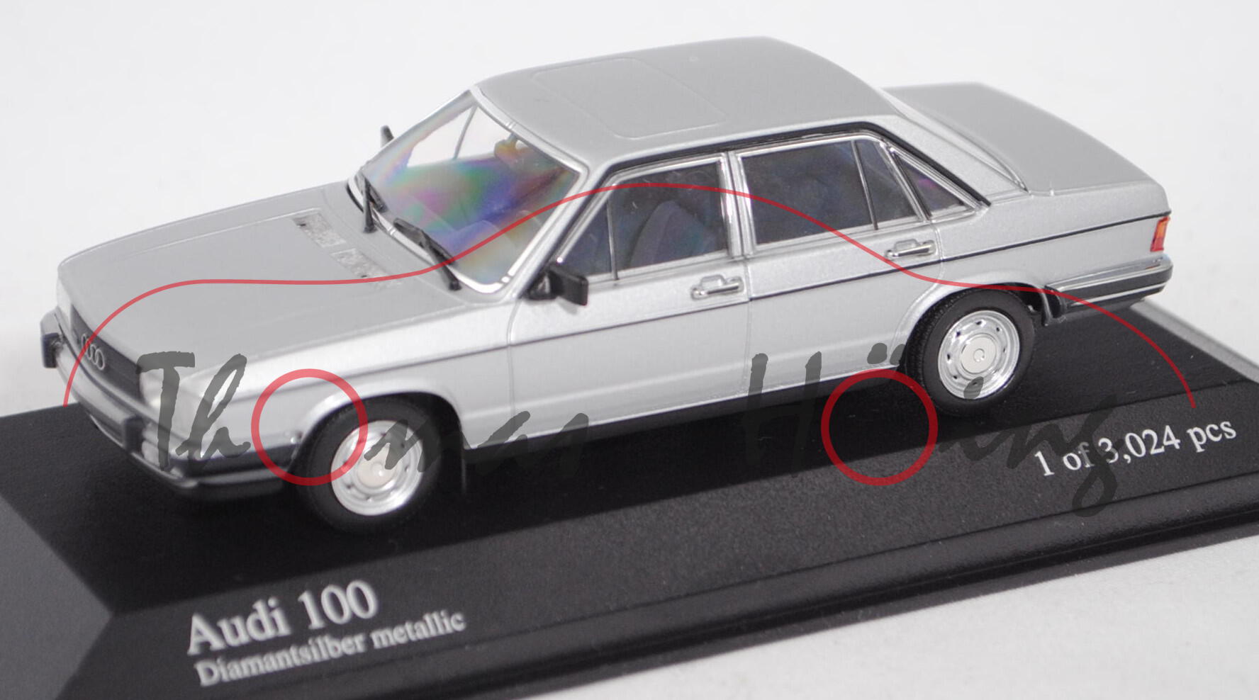 Audi 100 GL 5E (C2, Typ 43, Mod. 1979-1982), diamantsilbermetallic (LF7T), Minichamps, 1:43, PC-Box