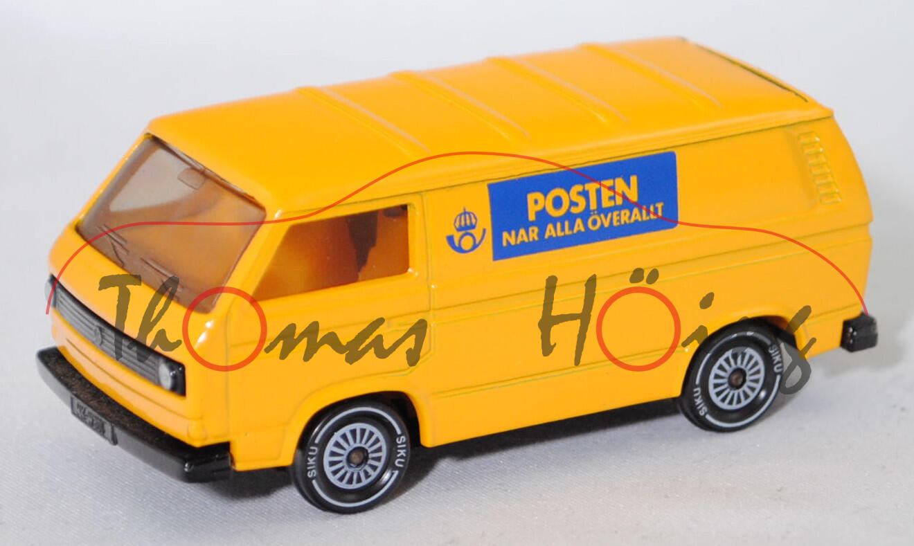 03001 S VW Transporter Kastenwagen (Typ 2 Transporter 3 (T3, Modell '80), Modell 1979-1982), gelb, Posthorn und POSTEN / NAR ALLA ÖVERALLT, R11, SIKU, 1:60 (SWEDISH SPECIAL)