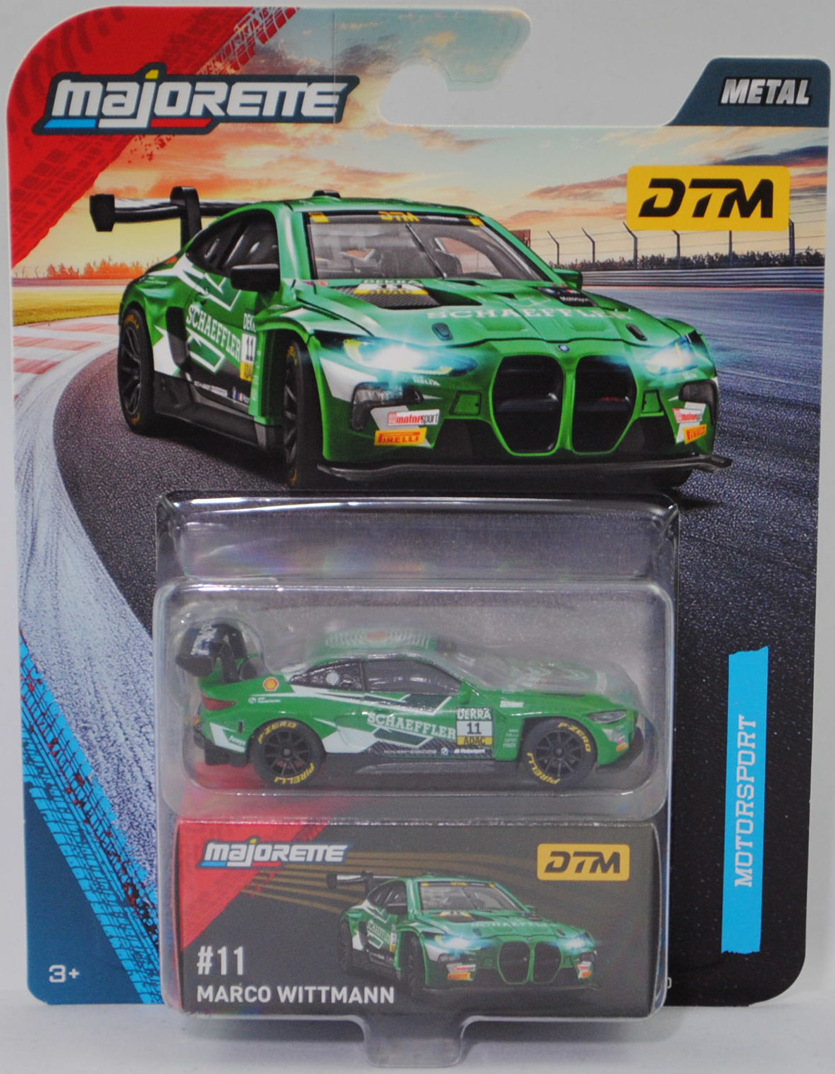 BMW M4 GT3 EVO (G82, Homologationsnummer GT3-053, Modell 2024-) (Nr. 257I), grün/weiß, DTM 2025, Marco Wittmann, Nr. 11, Schubert Motorsport, majorette, 1:65, Blister