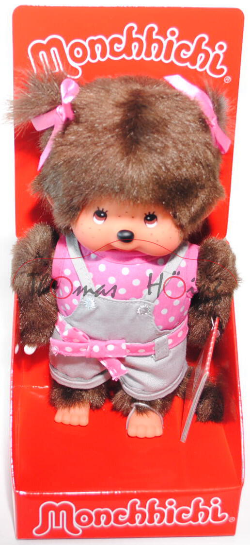 Monchhichi Pink Dots Ribbon Overall Girl (Mädchen mit Latzhose), 20 cm groß, Sekiguchi