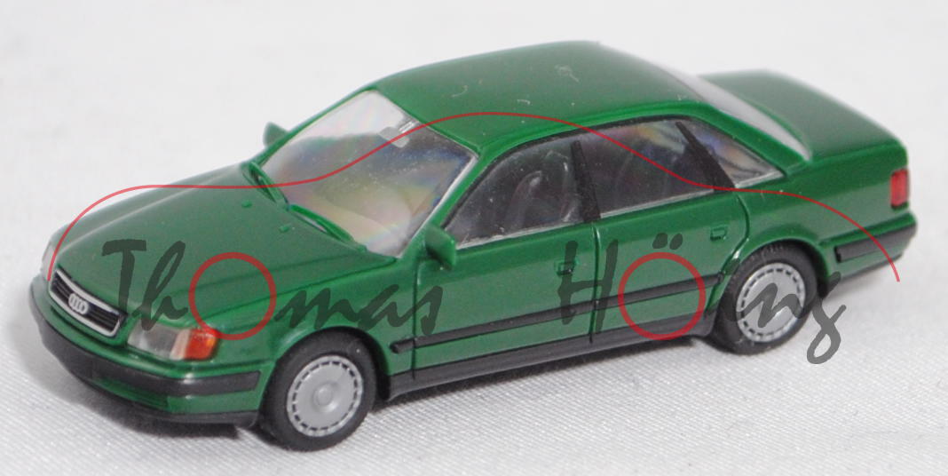 Audi 100 quattro 2.8 E (Baureihe C4, Mod. 1990-1994), h.-moosgrün, Radblende, Rietze, 1:87, Werbebox