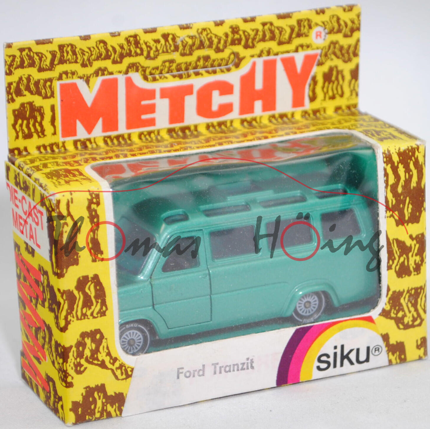 06404 HU Ford Transit Panorama-Bus FT 130 (Transit '71, Modell 1971-1975) Schulbus, grünmetallic, Chassis chrom, SIKU Ungarn / Metchy, 1:60, Schachtel Ungarn 2 (HUNGARY SPECIAL)