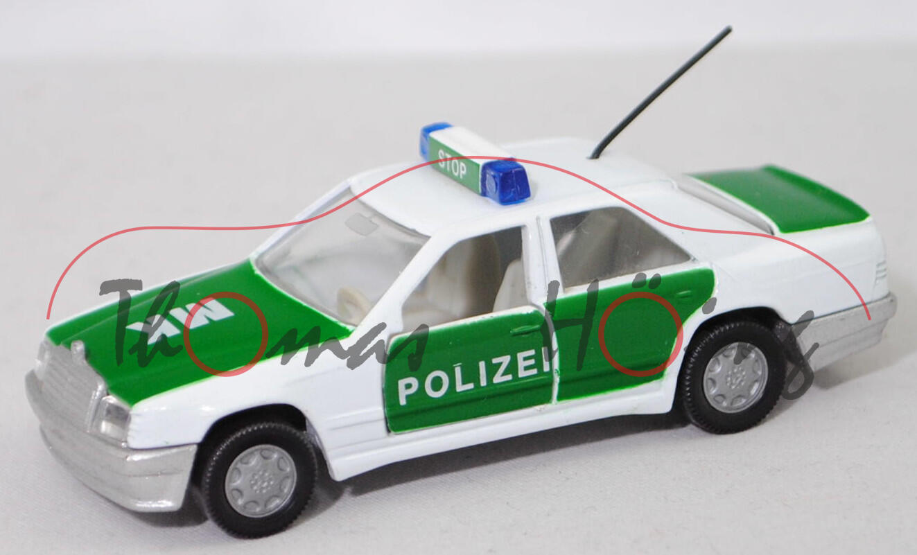 00013 Mercedes-Benz 300 E (W 124, Modell 1985-1986) Peterwagen, reinweiß, POLIZEI / MK, Mittelkonsole strukturiert, Chassis silber, Hong, B7, SIKU, 1:55