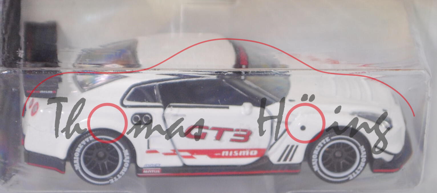 Nissan GT-R NISMO GT3 2018 (Typ R35, Facelift 2018, Mod. 2018-), reinweiß, majorette, 1:64, Blister