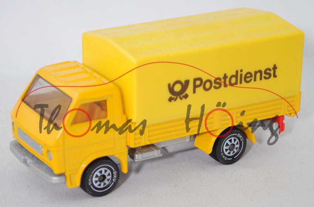 MAN-VW 9.136 F LKW (G90, Mod. 79-87) mit Pritsche+geschl. Plane (1 abgebr. Stift), gelb, Postdienst
