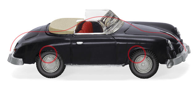 Porsche 356 A Cabriolet (Mod. 55-59), schwarz, innen verkehrsrot, Chassis silber, Wiking, 1:87, mb