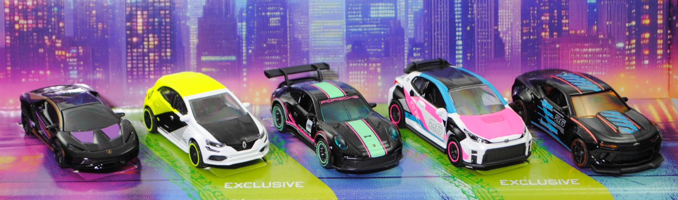 Giftpack NEON RACER: Lamborghini Centenario + Renault Mégane R.S. + Porsche 911 GT3 Cup + Toyota GRMN Yaris + Chevrolet Camaro SS Coupé Widebody, majorette, mb