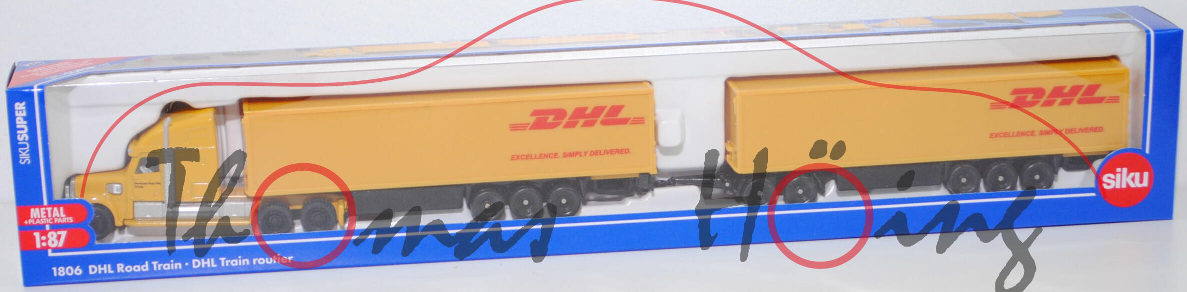 00004 FREIGHTLINER® CORONADO® CC132 (Typ 70'' Raised Roof SleeperCab, Modell 2001-2010) DHL Road Train, gelb, Deutsche Post DHL / Group, SIKU, 1:87, L17mpK