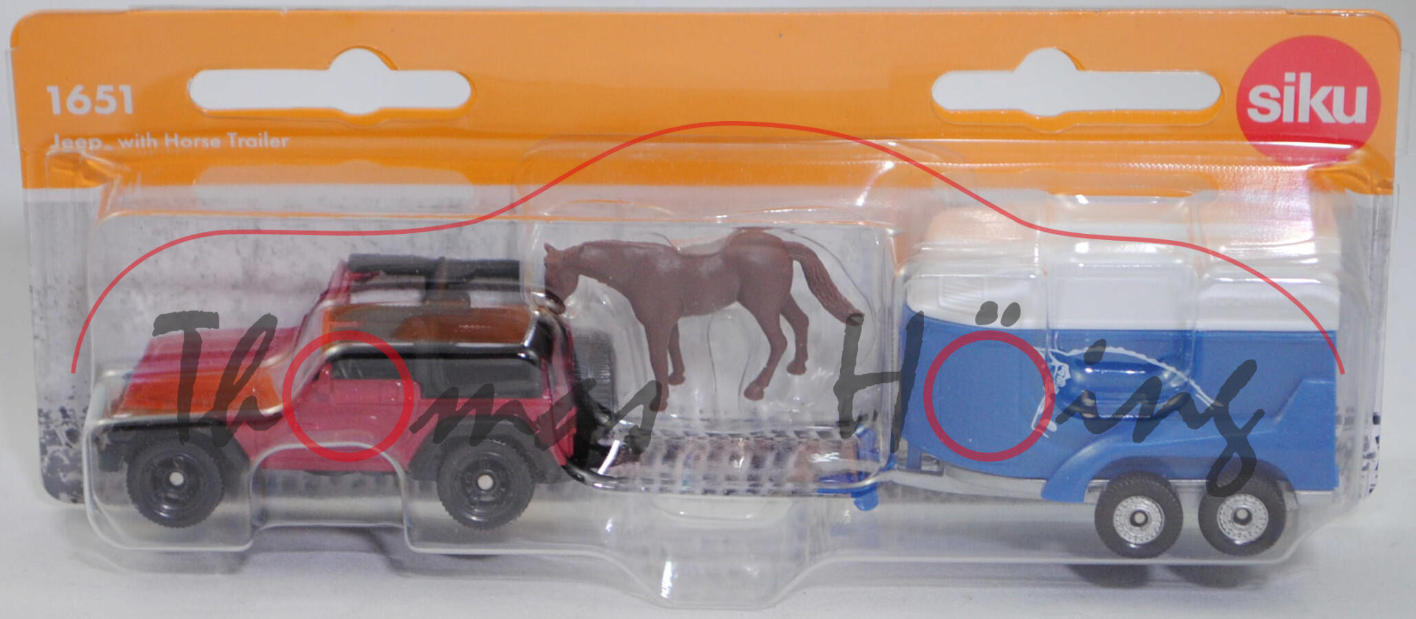 00005 Jeep Wrangler Sport 4.0 (TJ, Facelift 2002, Modell 2002-2006) mit BÖCKMANN TOP MASTER Pferdeanhänger, braunrotmetallic + reinweiß/dunkel-capriblaumetallic, SIKU, P29f