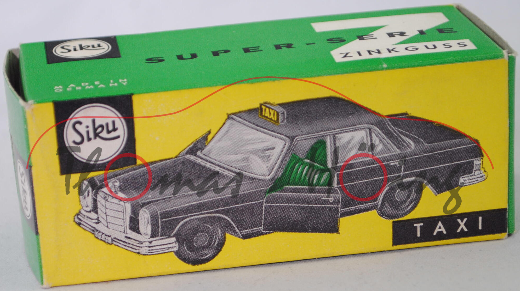 00006 Mercedes-Benz 250 S (Baureihe W 108 II, Vor-Mopf, Modell 1965-1968) Taxi, schwarz, innen rotorange, Rückleuchten rottransparent, R2, SIKU, 1:60, P3l