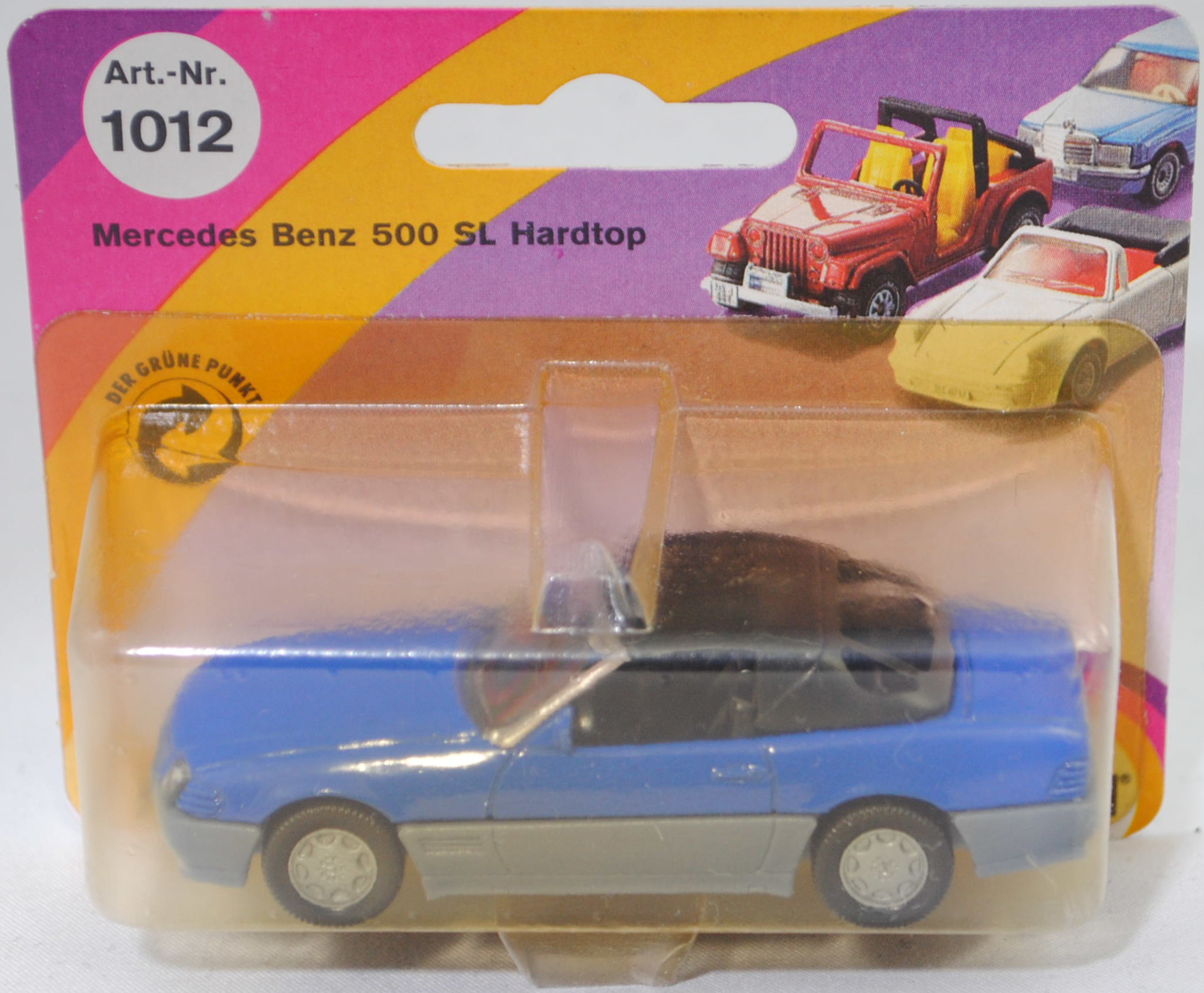 00001 Mercedes-Benz 500 SL mit Verdeck (Hardtop) (R 129, Modell 1989-1992), hell-enzianblau/fehgrau, Scheibe seitlich unlackiert, Heckklappe ohne Stern, Germ, B7, SIKU, 1:55, P23 vergilbt