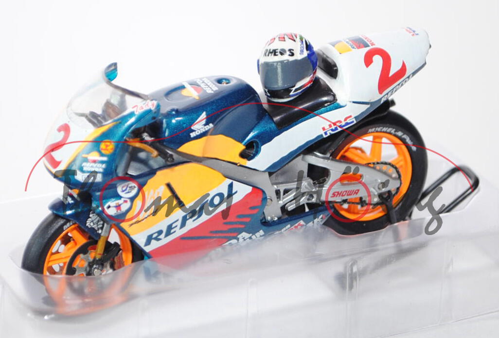 Honda NSR 500, ozeanblaumetallic/reinweiß/melonengelb/blutorange, Team Repsol Honda, REPSOL, Fahrer: