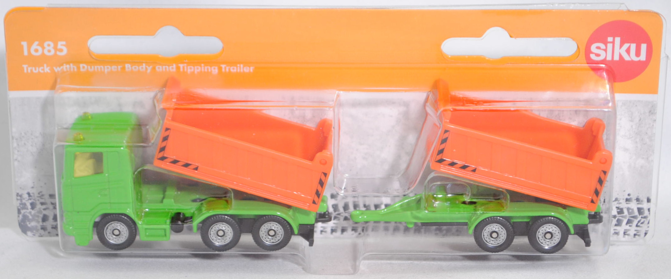 00001 Scania R380 (Typ CR16, Day cab, Modell 2007-2009) 3-Achs-Kipper mit Tandemanhänger, hell-gelbgrün/hell-verkehrsorange, SIKU SUPER, 1:89, P29f