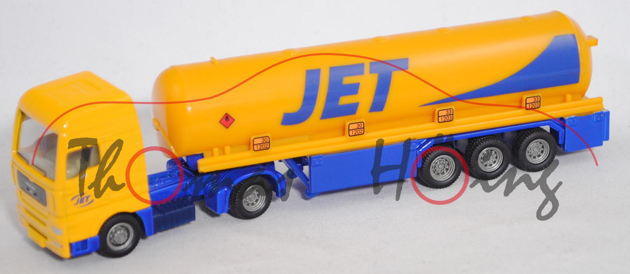 00000b MAN TG460A (Mod. 2000-2007) mit Tankauflieger, gelb/blau, JET, Chassis LKW saphirblau, 1:87