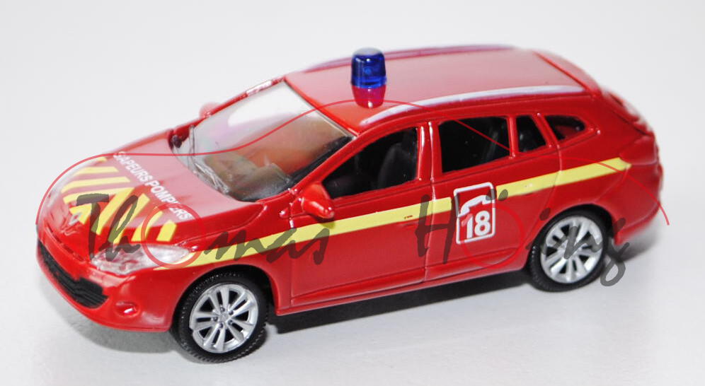 Renault Megane 2009, signalrot, SAPEURS POMPIERS / C 18, mit gelben Streifen, Heckklappe zu öffnen,