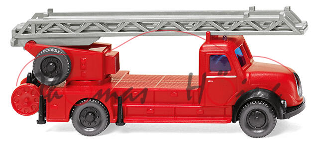 Magirus Feuerwehr DL 25 h, Fahrerhaus+Aufbau m. Leiterbock rot, Leiter silber, Wiking Spur N, 1:160