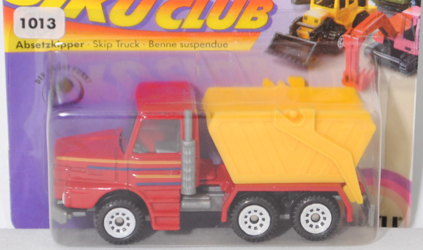 00000 Scania T143H-400 6x4 (Modell 1988-1991) Absetzkipper, rot, Streifen in gelb/blau auf den Seiten, Mulde gelb, Bpr. 0808/0809/0810, C1 weiß, SIKU SUPER, 1:93, P24 ohne neu vergilbt