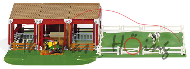 Stall für SIKU World, incl. John Deere XUV 855D PS 4x4 Gator (vgl. 1481) und 2 schwarze/weiße Kühe,