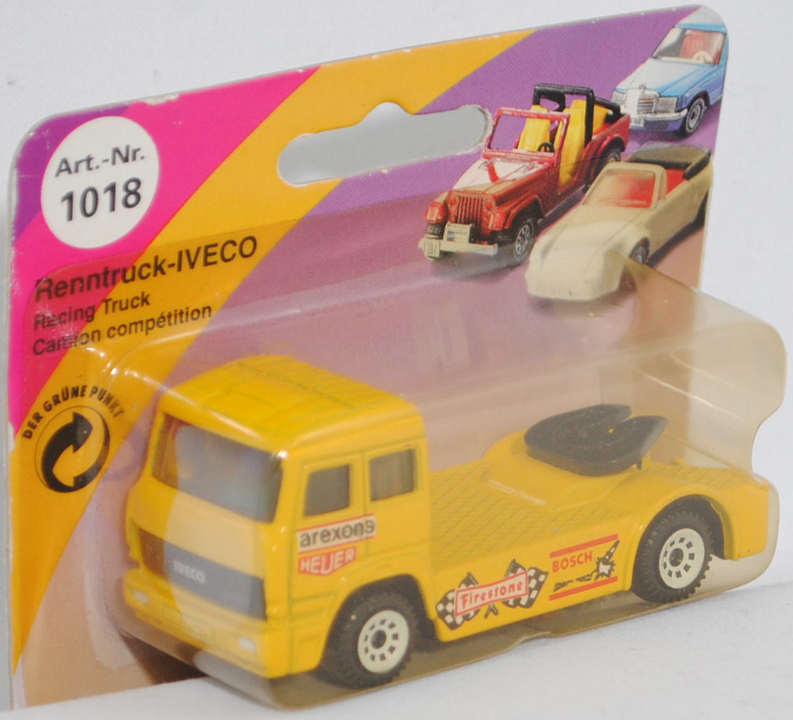00002 Iveco TurboStar Renntruck (Truck-Racing-Europameisterschaft 1989-1993, Klasse B), gelb, arexons / HEUER / Firestone / BOSCH, Bpr. 1018, C1 weiß, SIKU, 1:86, P23 vergilbt