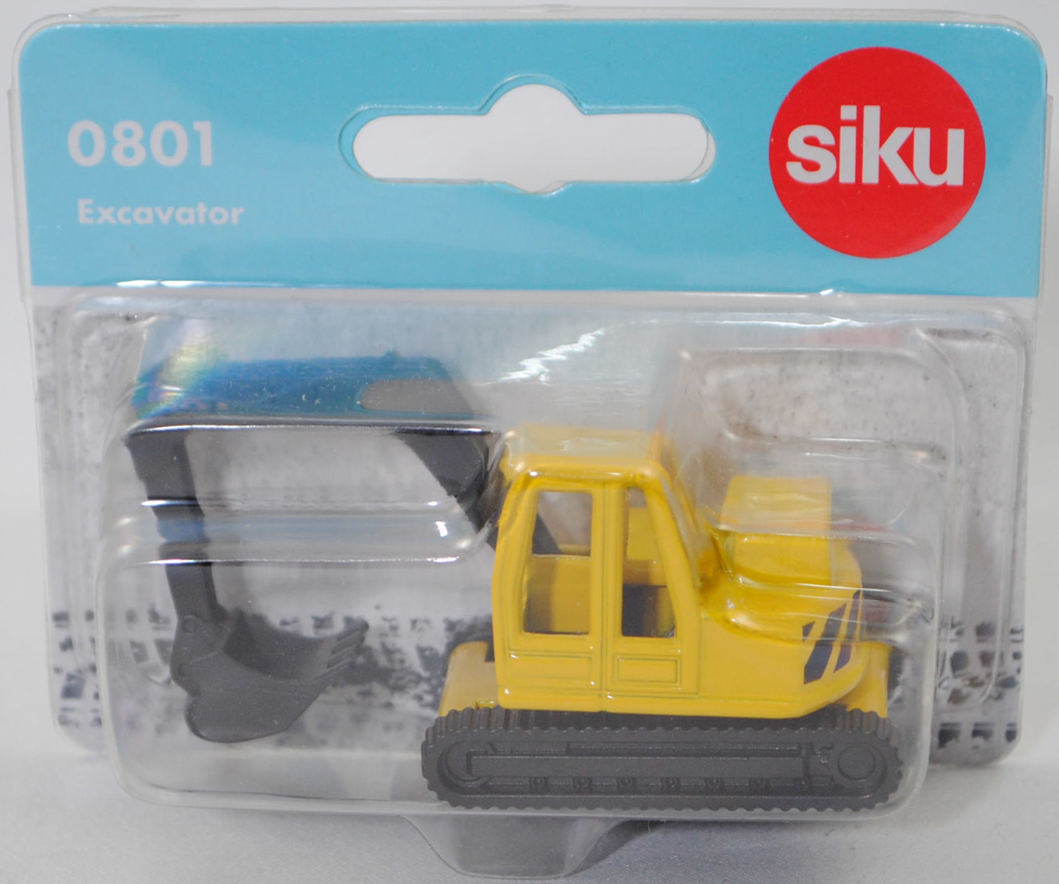 00005 Hydraulikbagger mit Monoblockausleger und Löffelstiel sowie Tieflöffel, signalgelb, Bpr. mit Adresse, Treibrad im Raupenfahrwerk mit deutlich geprägten Zähnen, SIKU SUPER, P29f