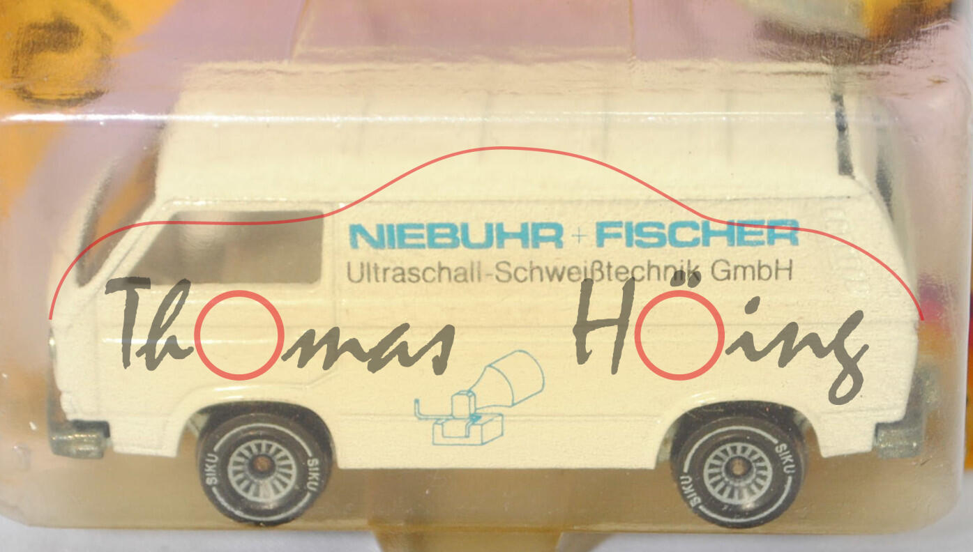 VW Transporter Kastenwagen (T3, Modell '80, Modell 1979-1982), reinweiß, NIEBUHR + FISCHER / Ultraschall-Schweißtechnik GmbH, B4, SIKU, 1:60, P23 vergilbt (Limited Edition)