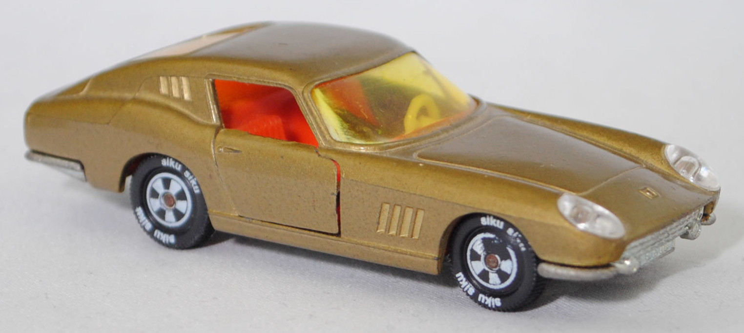00002 Ferrari Berlinetta 275 GTB (Tipo 563, 2. Serie, Long Nose / Lange Nase, Modell 1965-1966), goldmetallic, transparente Frontscheinwerfer, Bpr. V 269, Germ, R10 reinweiß, SIKU SUPER, 1:56, m