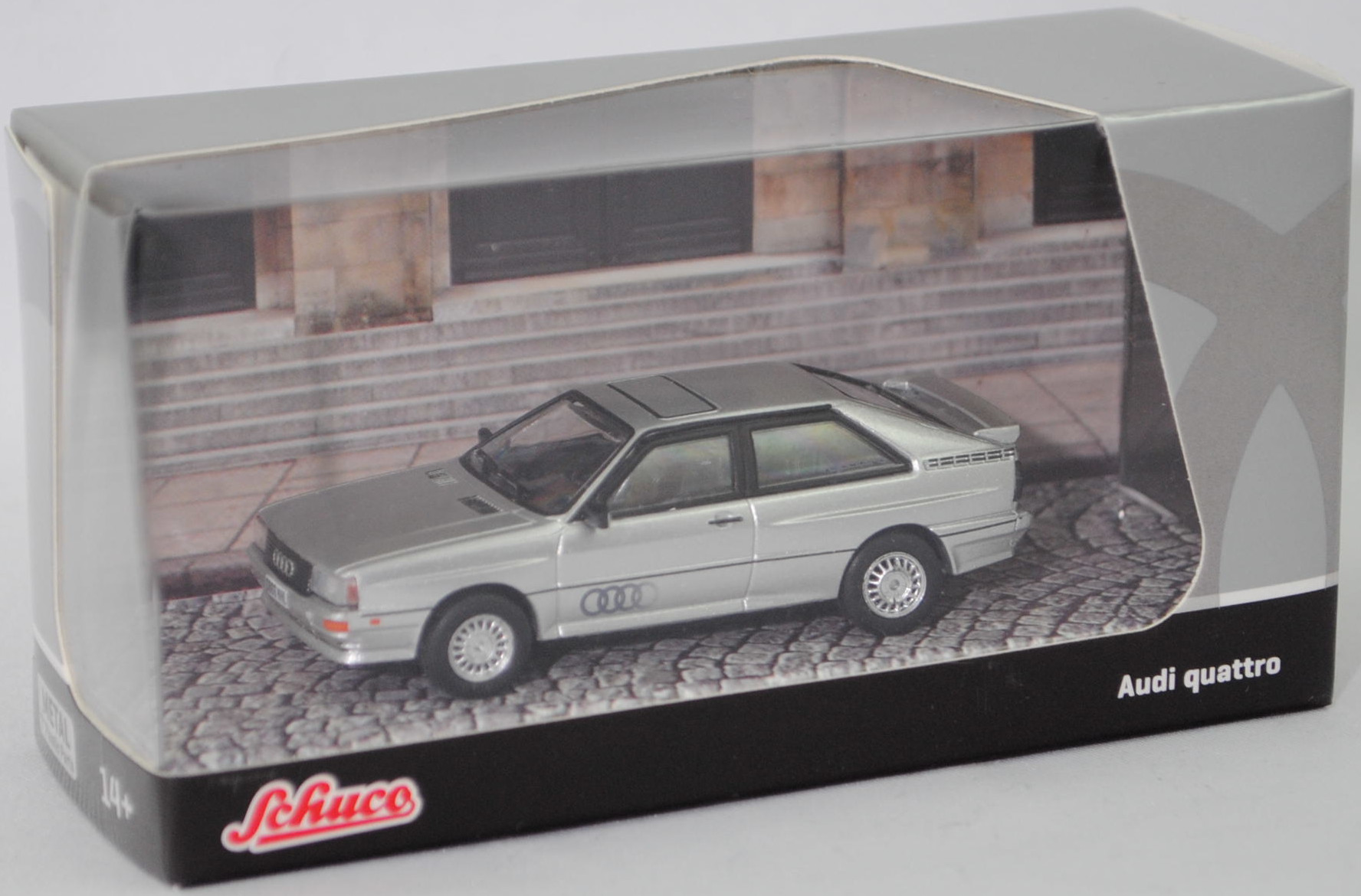Audi quattro (B2, Typ 85Q, Facelift 2, Modell 1985-1987), silbermetalic (diamantsilbermetallic, L97A), Schuco und Tarmac Works by Minimax, 1:64, mb (Limited)