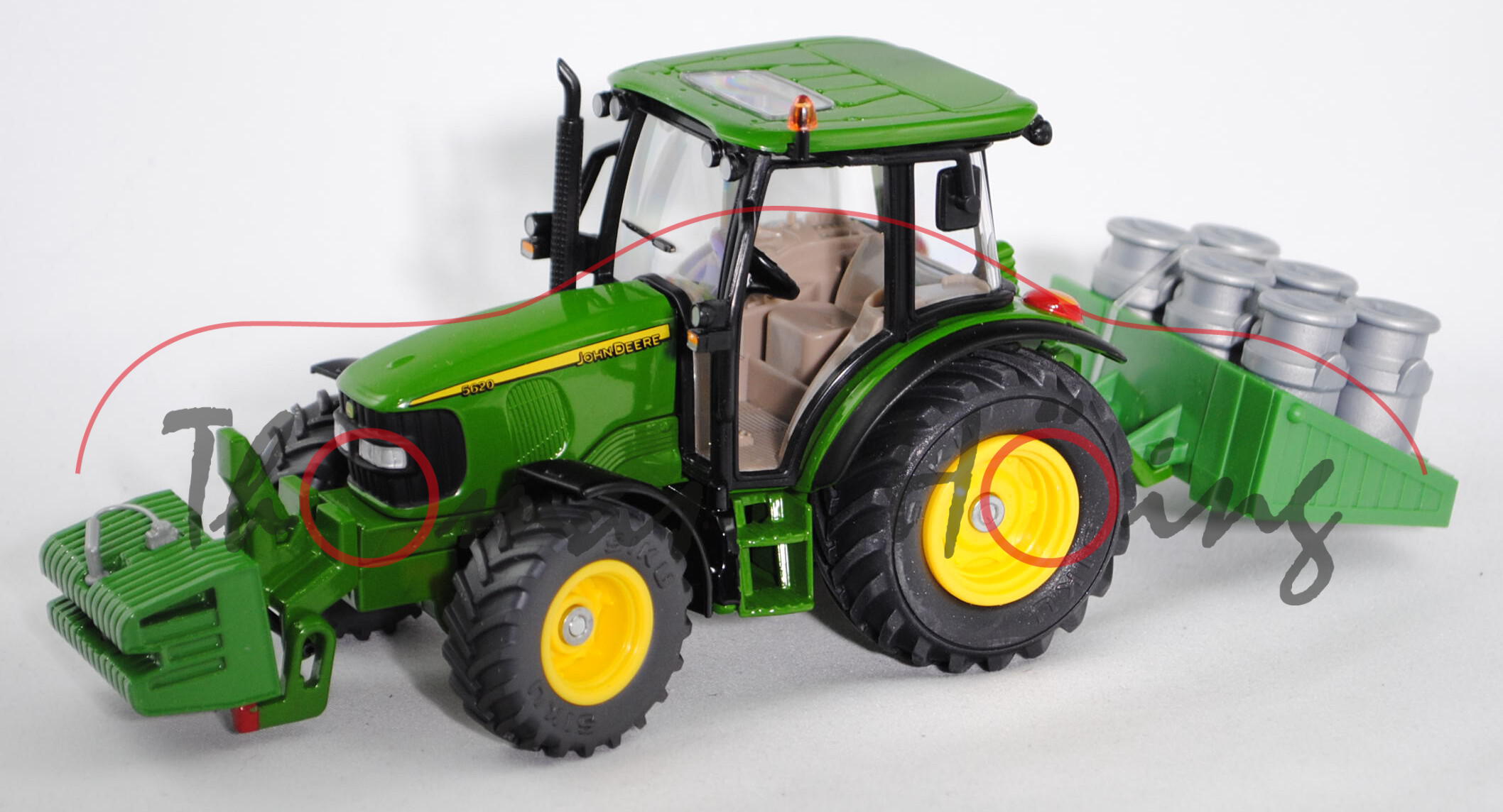 John Deere 5820 Traktor (Modell 2003-2008) mit Transportpritsche und Frontgewicht, smaragdgrün, Felg