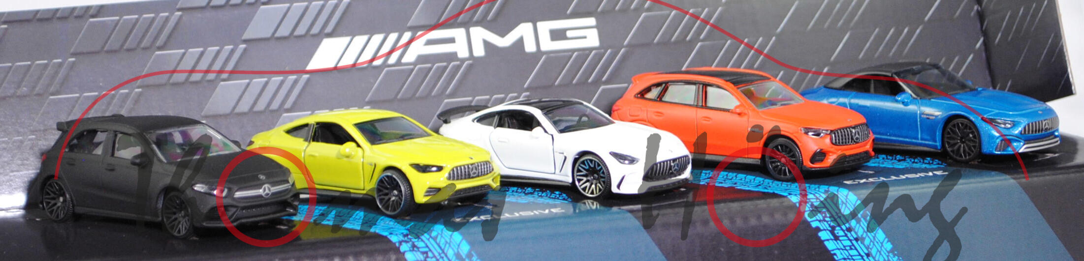 Giftpack Mercedes-AMG (5 Modelle): A 35 4Matic + CLE 53 4Matic+ + GT 63 4Matic+ + GLC 63 S E PERFORMANCE Premium + SL 63 4MATIC+, majorette, mb (EAN 3467452077283)