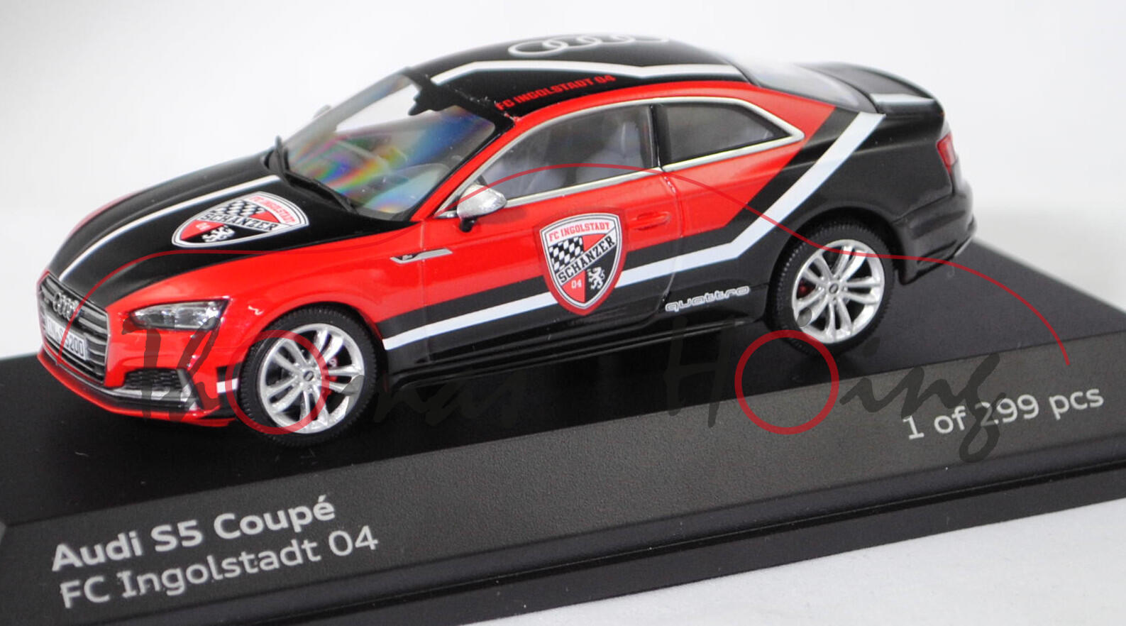 Audi S5 Coupé 3.0 TFSI quattro (9T / F5, Typ AU495, Vorfacelift, Modell 2016-2018), misanorot perleffekt (LZ3M), FC Ingolstadt 04, Jaditoys Ltd., 1:43, Werbeschachtel (299 pcs.)
