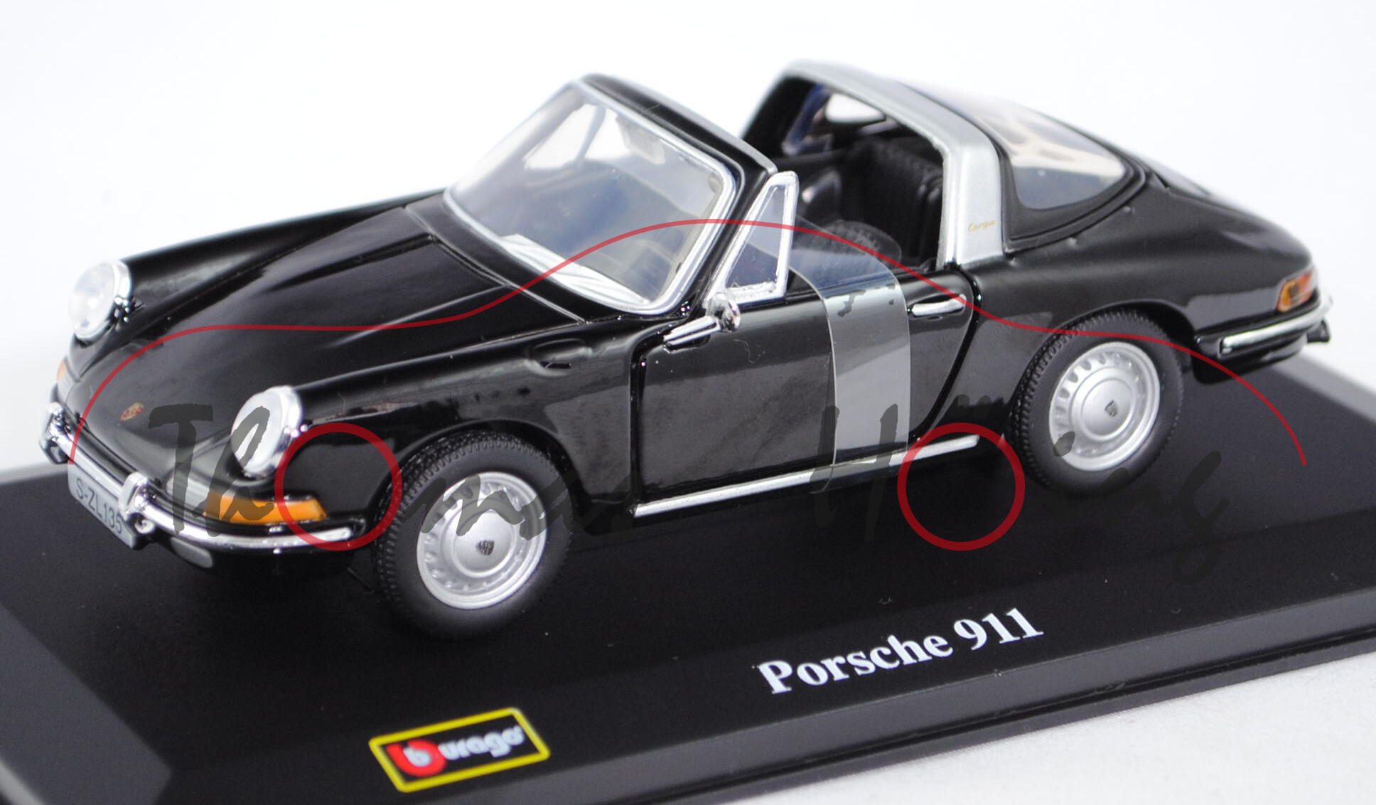 Porsche 911 Targa (Typ Urmodell, Modell 1966-1973), schwarz, innen schwarz, Türen zu öffnen, Bburago