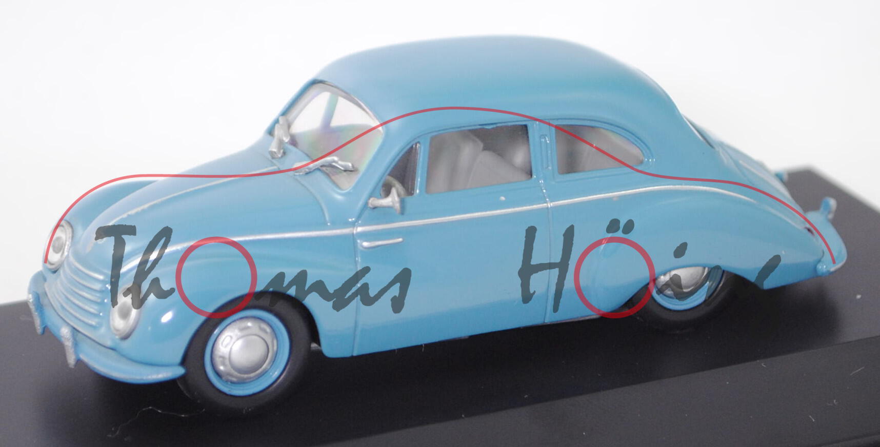 DKW 3=6 Sonderklasse Typ F91 Limousine (Modell 1953-1955), hell-azurblau, Schuco, 1:43, Werbebox