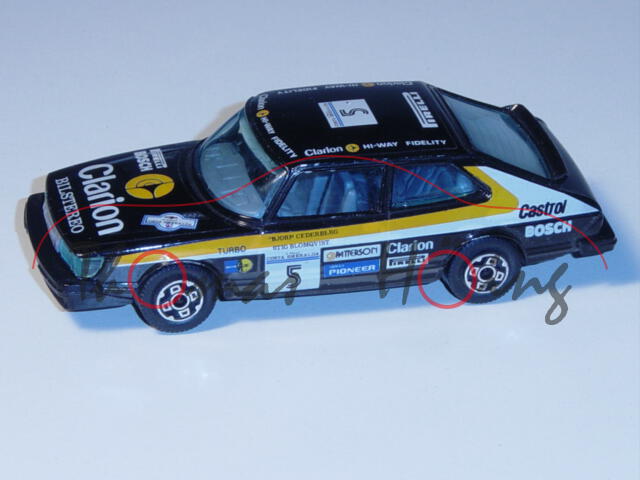 Saab 900 Turbo Rallye, schwarz, innen blaugrau, COSTA SMERALDA, Nr. 5, Fahrer: Stig Blomqvist / Björ