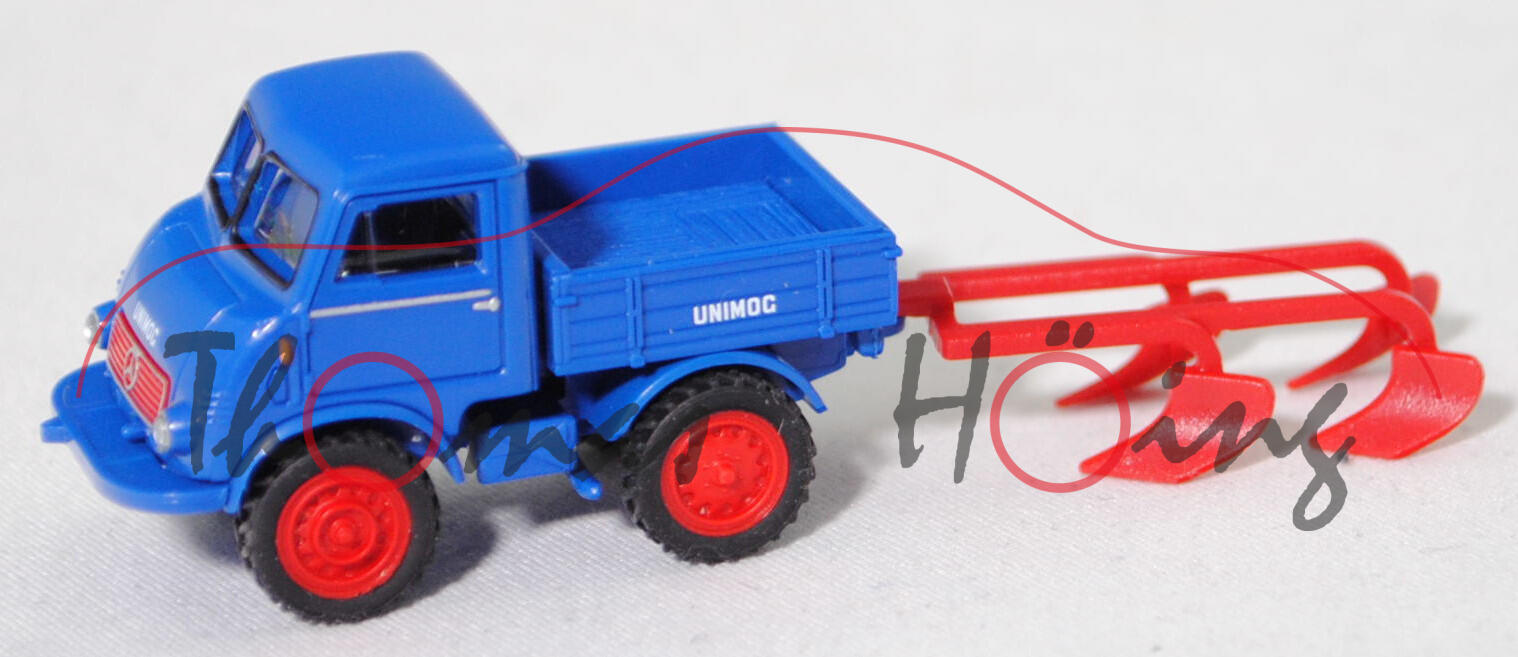 Mercedes-Benz Unimog 401 (Modell 1953-1956) mit 4-Schar-Pflug, enzianblau/rot, Wiking, 1:87, mb