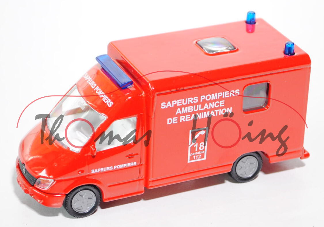 00100 F RTW Mercedes-Benz Sprinter I (Modell 2000-2002), rot, SAPEURS POMPIERS, SIKU, 1:55