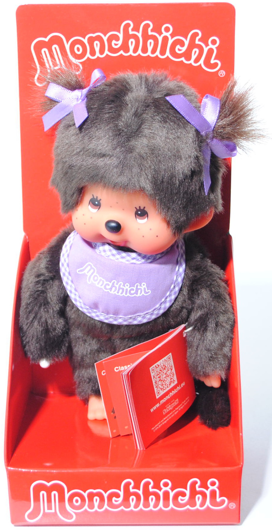 Monchhichi Standard Girl Twin Tail with Purple Bib (Mädchen mit lila/weißem Latz), 20 cm groß, Sekig