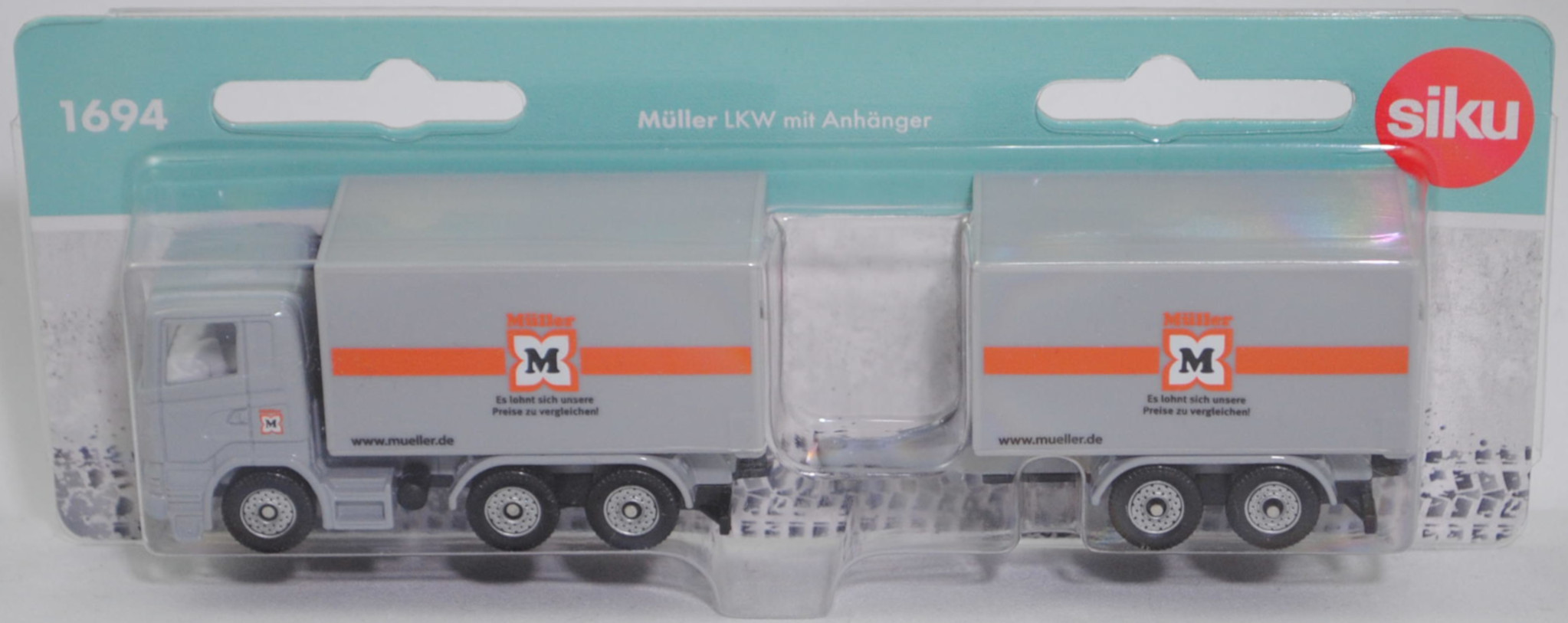 00400 Scania R380 (Scania Serie 5 bzw. PRT-Serie, Typ CR16, Modell 2007-2009) Koffer-LKW mit Tandem-Anhänger, silbergrau, Müller, SIKU SUPER, 1:89, P29f Werbeschachtel