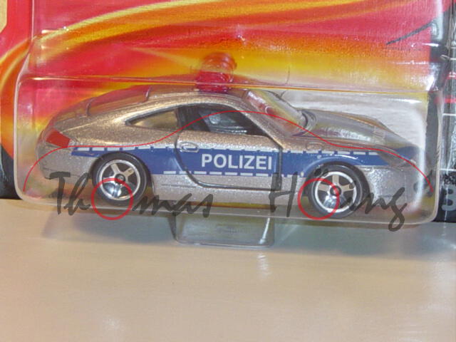 Porsche 996 (Nr. 209.1), silber/blau, POLIZEI, Türen zu öffnen, majorette, 1:57, Blister